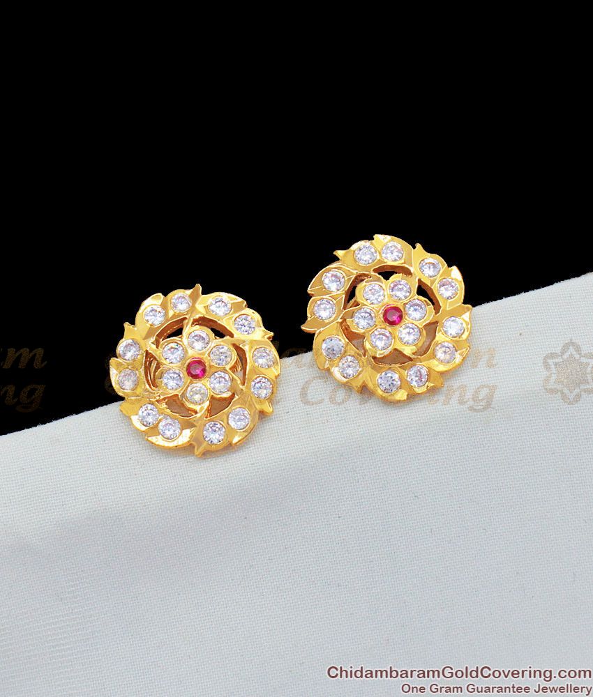 Impon Studs Beautiful Flower Design White AD And Ruby Stone Jewelry ER1629