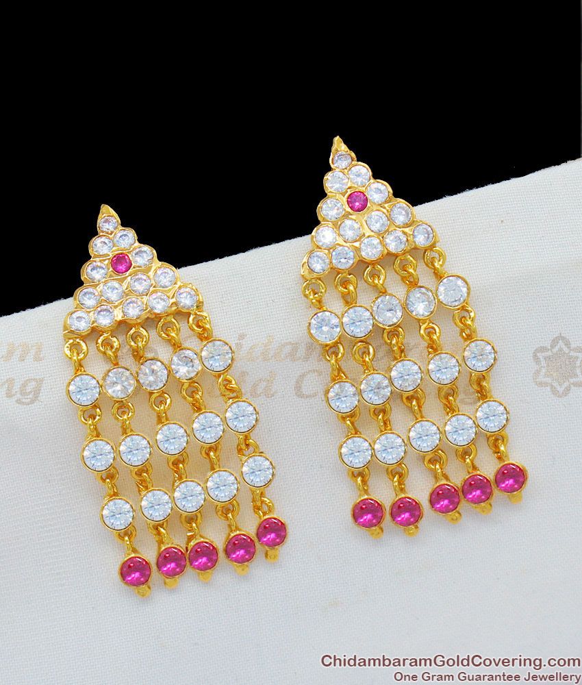 Fancy Rain Dropping Design Gold Impon Model With AD Ruby Stone Danglers ER1631