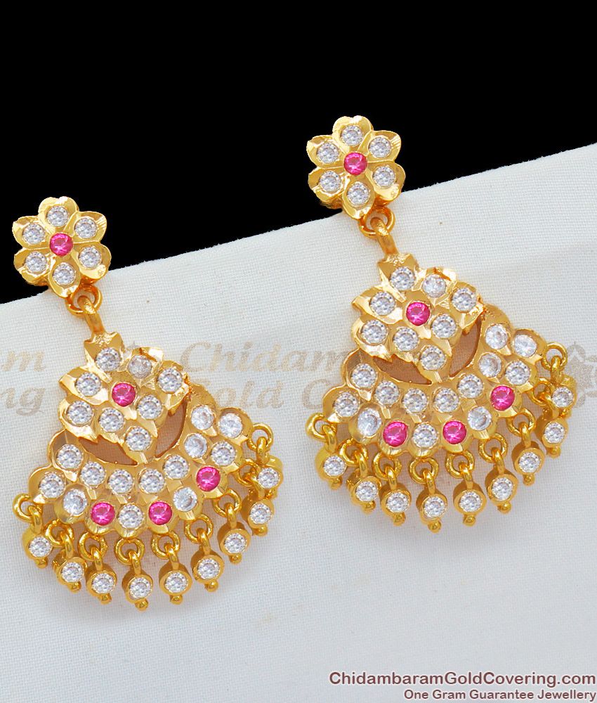 Five Metal Gold AD Ruby Stone Beaded Design Danglers For Womens ER1634