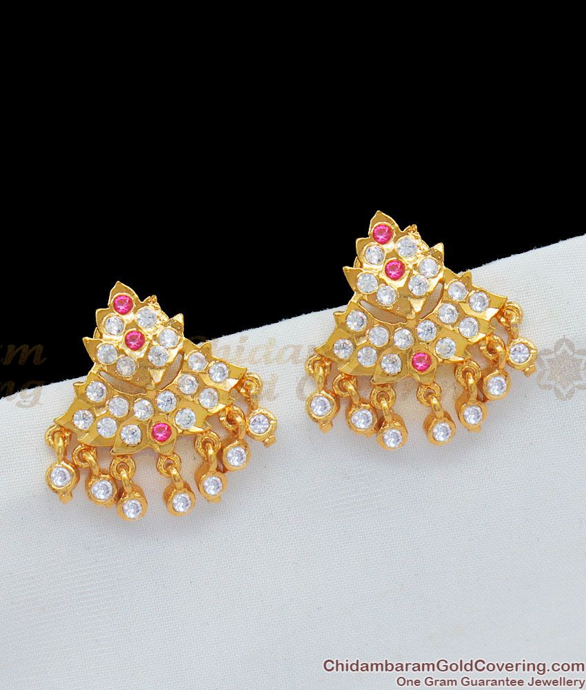 Traditional Ruby White Stone Gold Impon Five Metal Earrings For Regular Use ER1646