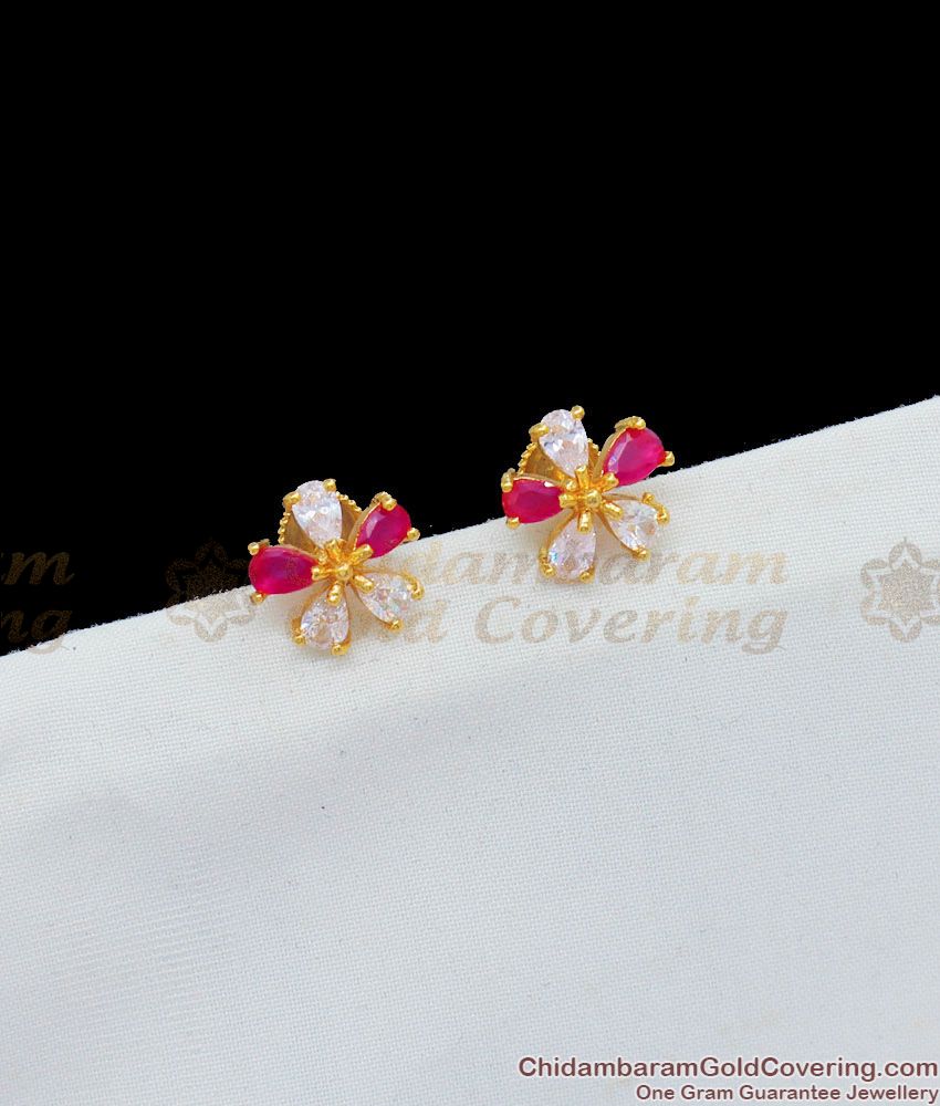 Ruby White Stone Flower Design Gold Tone Studs New Arrival Jewelry ER1658