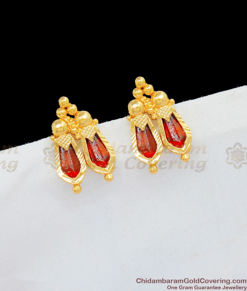 Attractive Red Stone Onam Special One Gram Gold Studs For Traditional Wear Jewelry ER1704