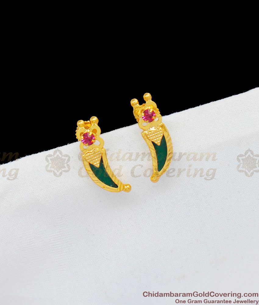 Traditional First Quality Gold Palakka Earring Studs Kerala Design Collections With Single Ruby Stone ER1707