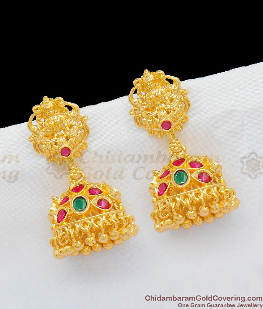 Heavy Lakshmi Temple Design Gold Jhumki Earrings With Multi Color Stones For Ladies ER1710 Heavy Lakshmi Temple Design Gold Jhumki Earrings With Multi Color Stones For Ladies ER1710