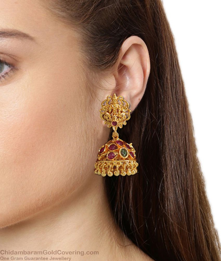 Heavy Lakshmi Temple Design Gold Jhumki Earrings With Multi Color Stones For Ladies ER1710 Heavy Lakshmi Temple Design Gold Jhumki Earrings With Multi Color Stones For Ladies ER1710