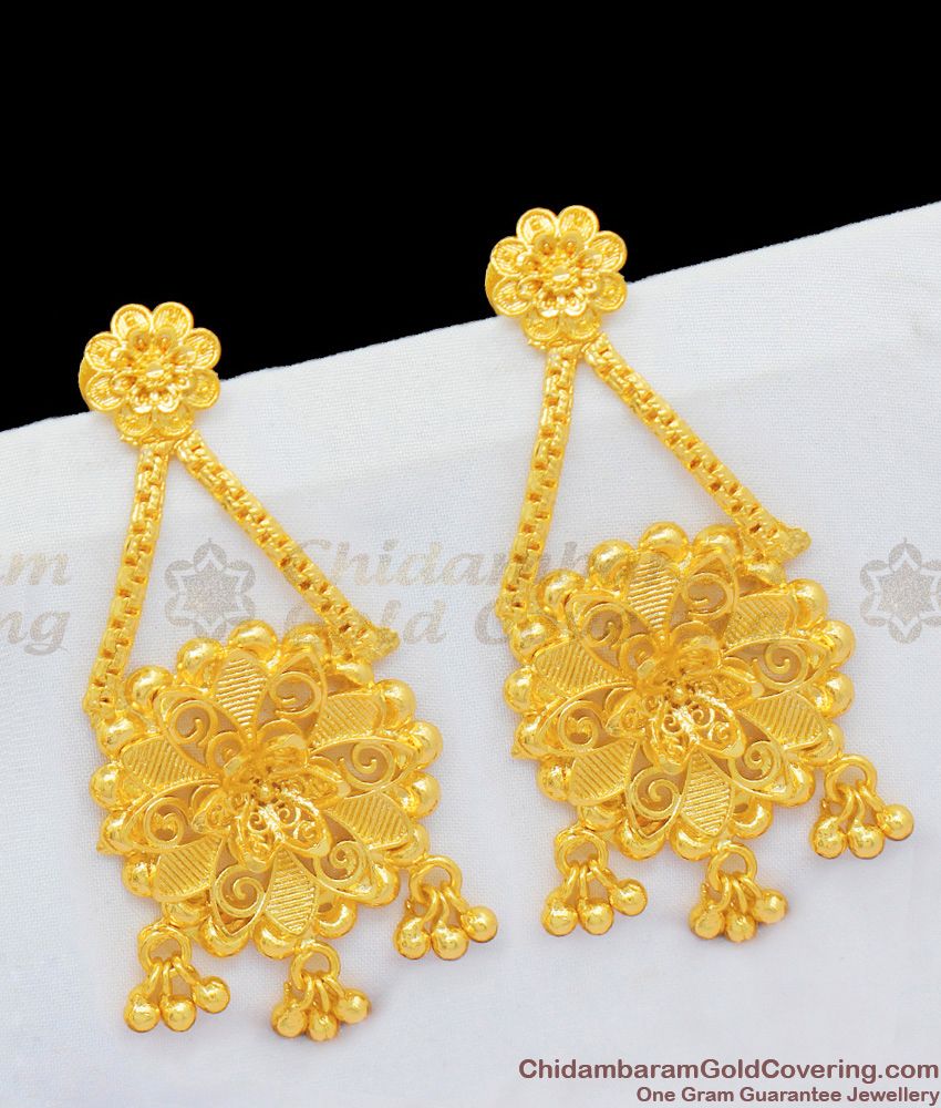 Marvelous Flower Design With Beads Real Gold Stylish Danglers For Ladies Festive Collection ER1713