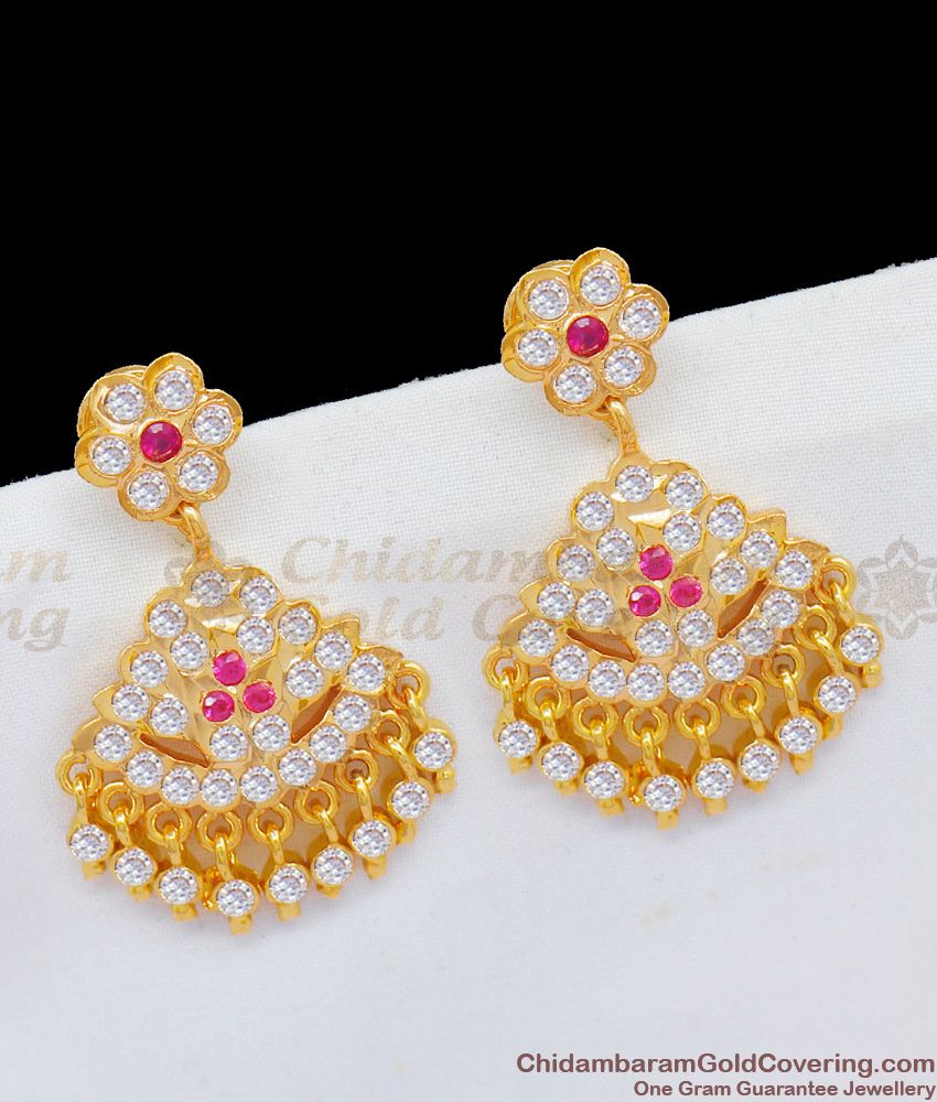 Sparkling White And Pink Stones Impon Gold Danglers With Beads For Traditional Attire ER1718