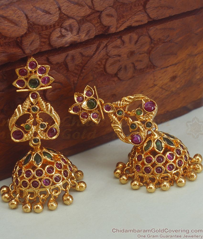 Beautiful Peacock Design With Ruby Emerald Stone Gold Plated Jhumki Kammal Earrings ER1721 Beautiful Peacock Design With Ruby Emerald Stone Gold Plated Jhumki Kammal Earrings ER1721