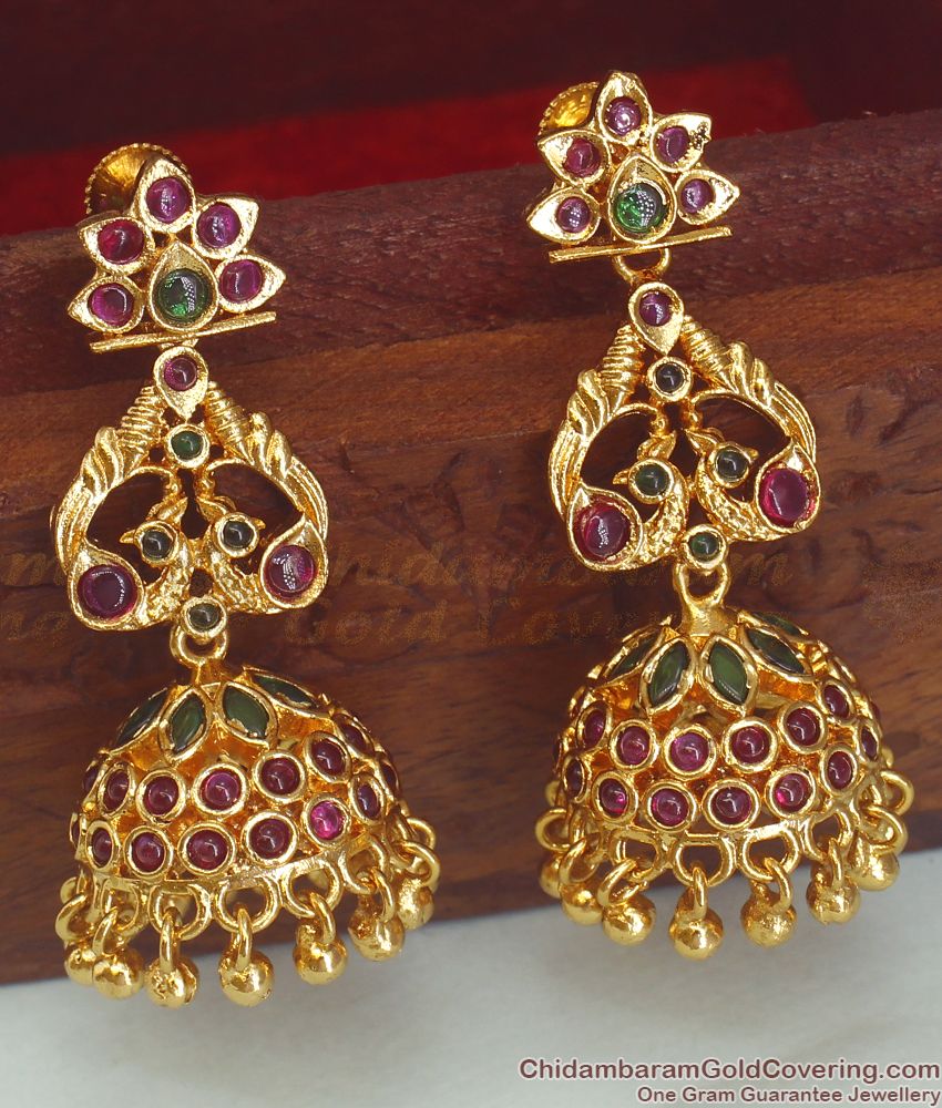 Beautiful Peacock Design With Ruby Emerald Stone Gold Plated Jhumki Kammal Earrings ER1721