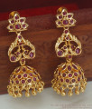 Full Ruby Stone Peacock Design One Gram Gold Plated Jhumki Earrings For Ladies ER1722