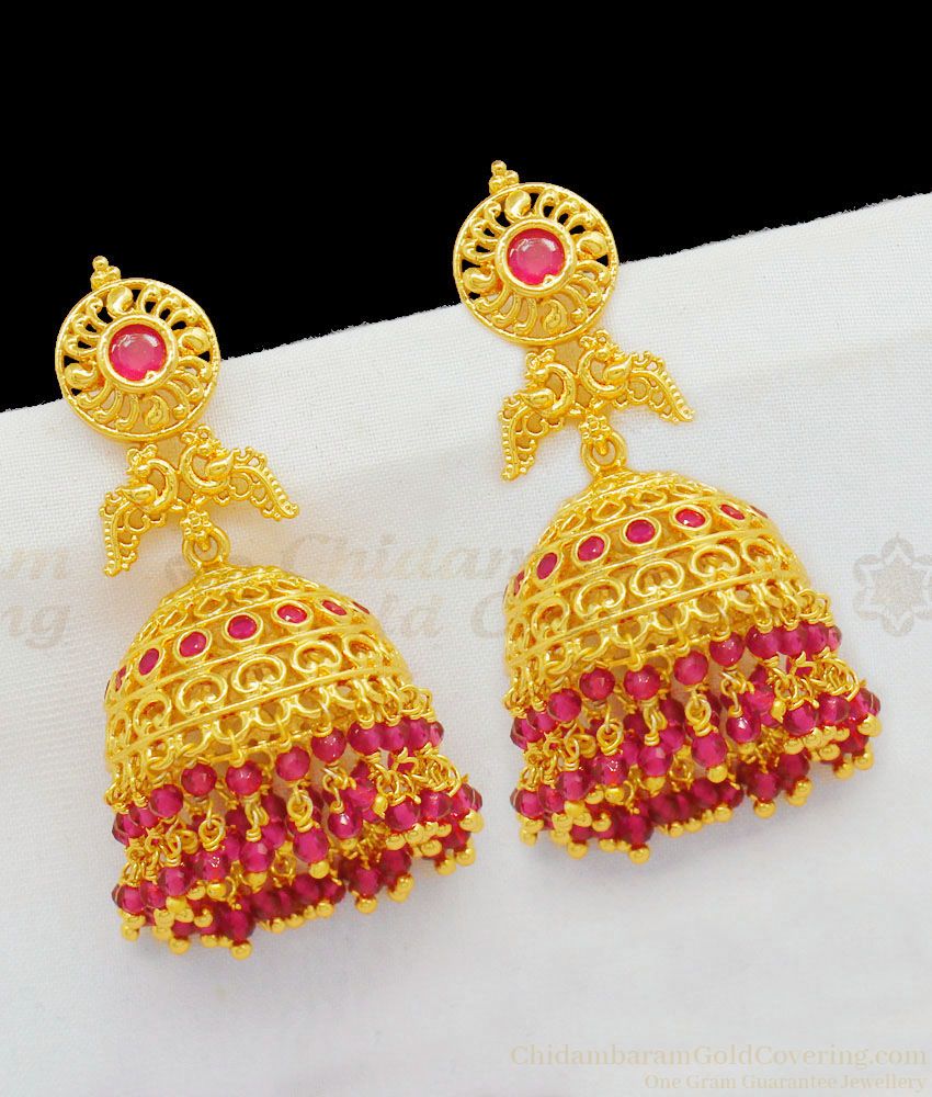 Trendy Ruby Beads With Full Ruby Stone Peacock Model Gold Plated jhumka Earrings Online ER1725