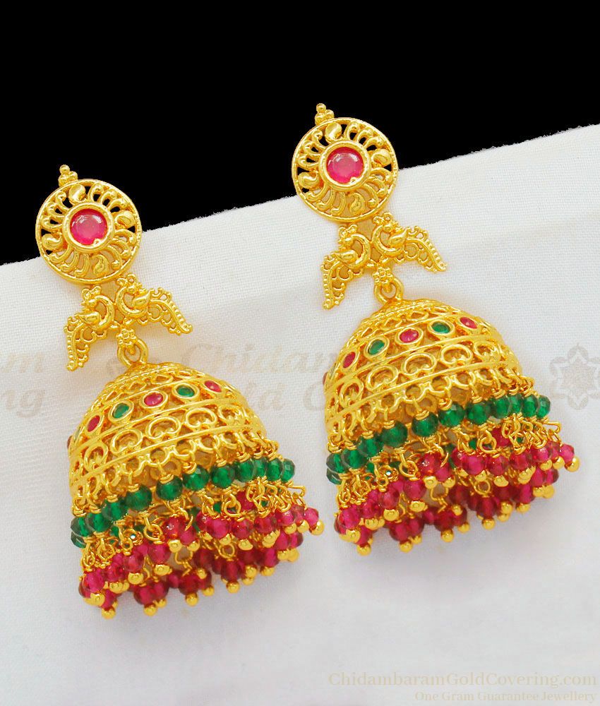 Aspiring Peacock Design With Ruby Emerald Stones Gold Plated Jhumka Earrings Online ER1726