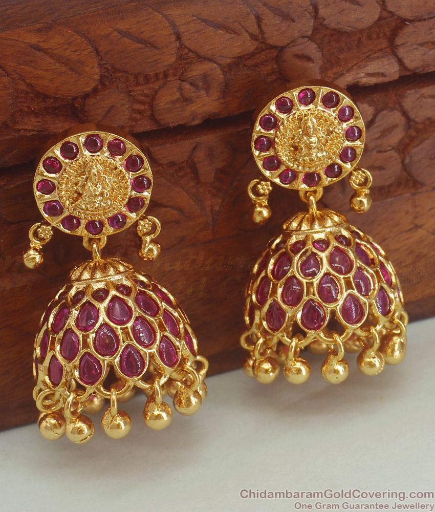 Amazing Lakshmi Temple Design Gold Plated Jhumki Earrings With Full Ruby Stones ER1727
