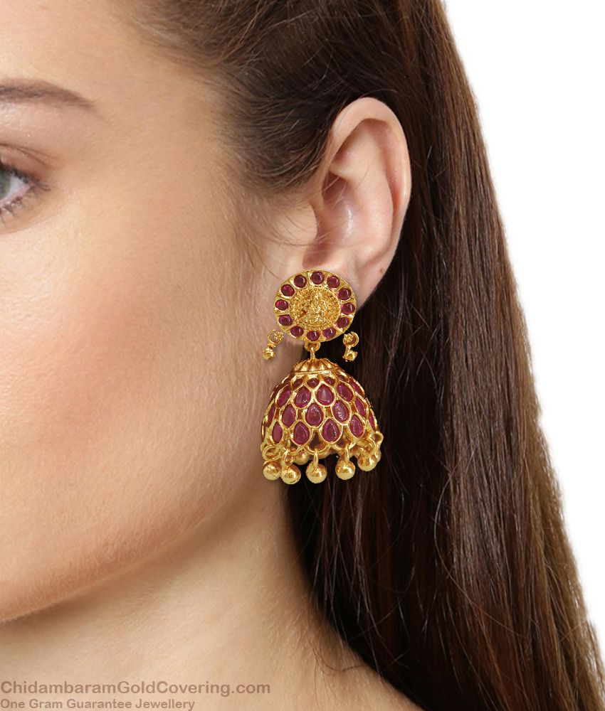 Amazing Lakshmi Temple Design Gold Plated Jhumki Earrings With Full Ruby Stones ER1727