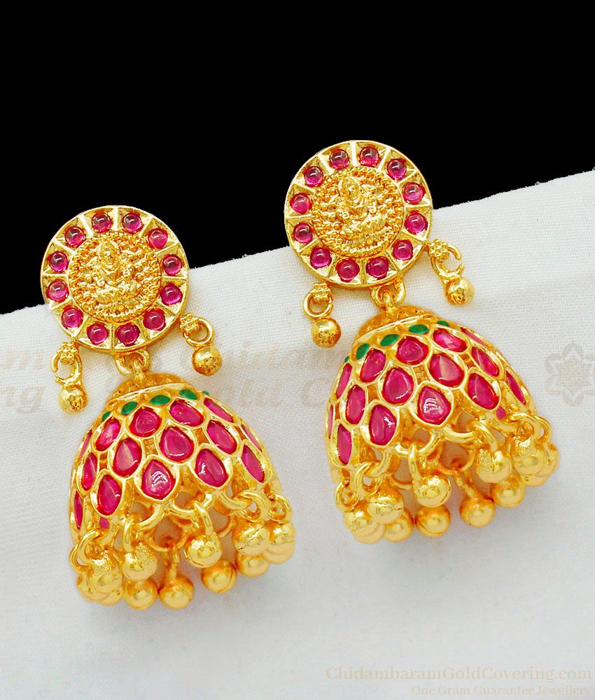 Heavy Lakshmi Traditional Design Gold Jhumki Earrings With Double Color Stones For Ladies ER1728 Heavy Lakshmi Traditional Design Gold Jhumki Earrings With Double Color Stones For Ladies ER1728