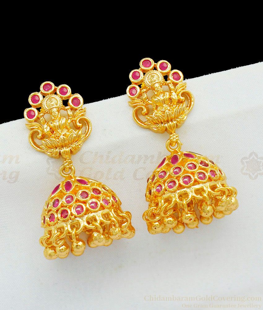  Festive Design Gold Lakshmi Model Jhumki Earrings With Full Ruby Stones ER1733