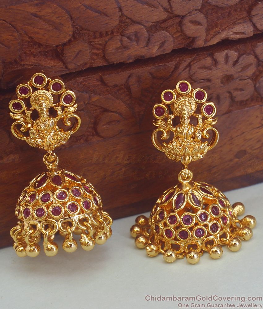  Festive Design Gold Lakshmi Model Jhumki Earrings With Full Ruby Stones ER1733