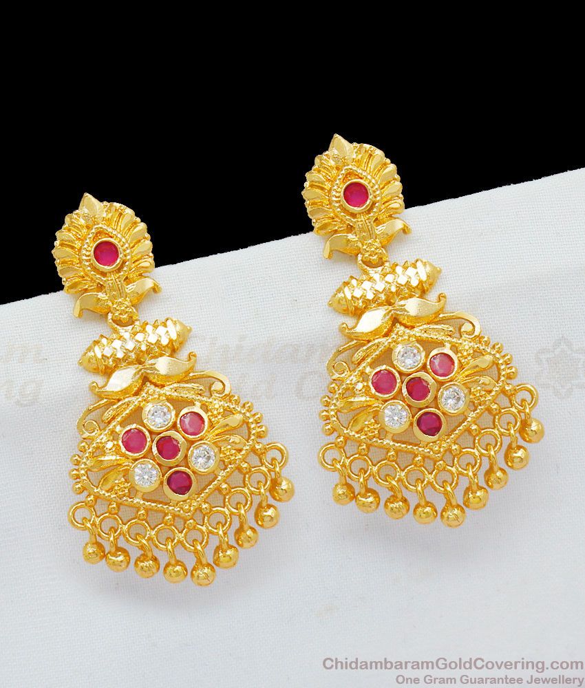 South Indian One Gram Gold Plated With AD Ruby Stones Dangler Earrings For Girls ER1735