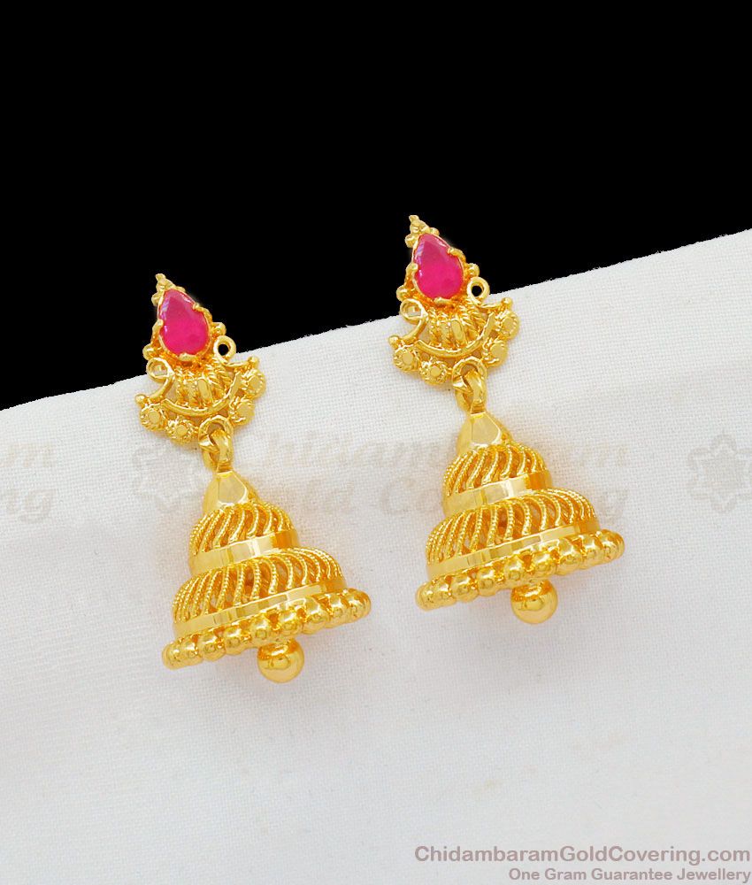 Cute Trendy Design Gold Tone Jhumki Earrings With Ruby Stone For Girls Online Collection ER1740