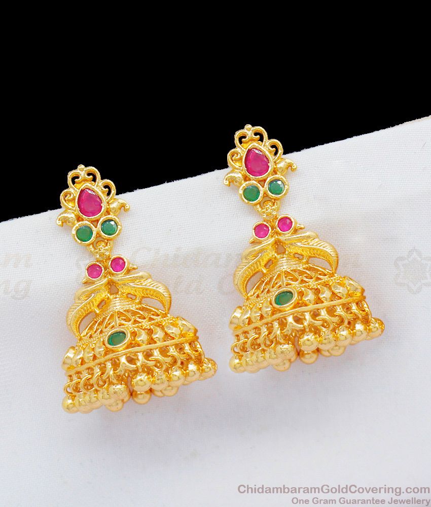 Magnificent One Gram Gold Dangler Design Jhumki With Double Color Stones For Ladies ER1759 Magnificent One Gram Gold Dangler Design Jhumki With Double Color Stones For Ladies ER1759
