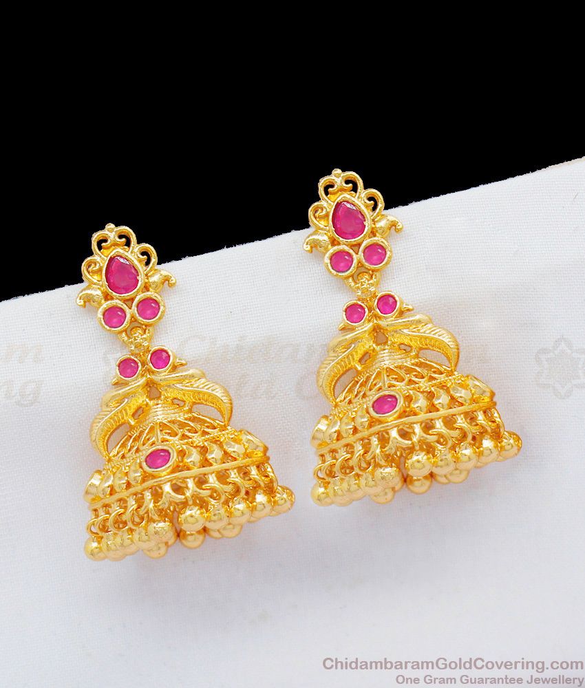 New Arrival Gold Plated Dangler Jhumki With Ruby Stones Bridal Wear Jewelry ER1760