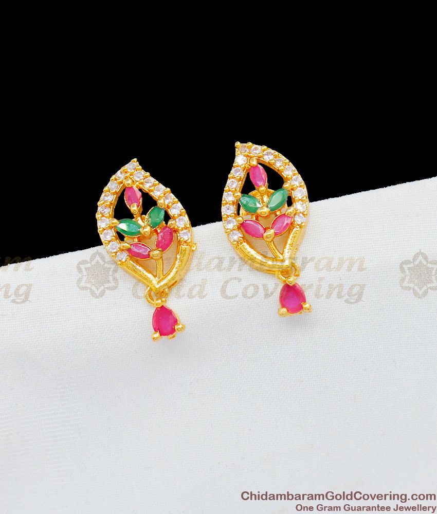 Attractive Leaf Design With Multi Color Stone Gold Finish Stud Collection Daily Use ER1773