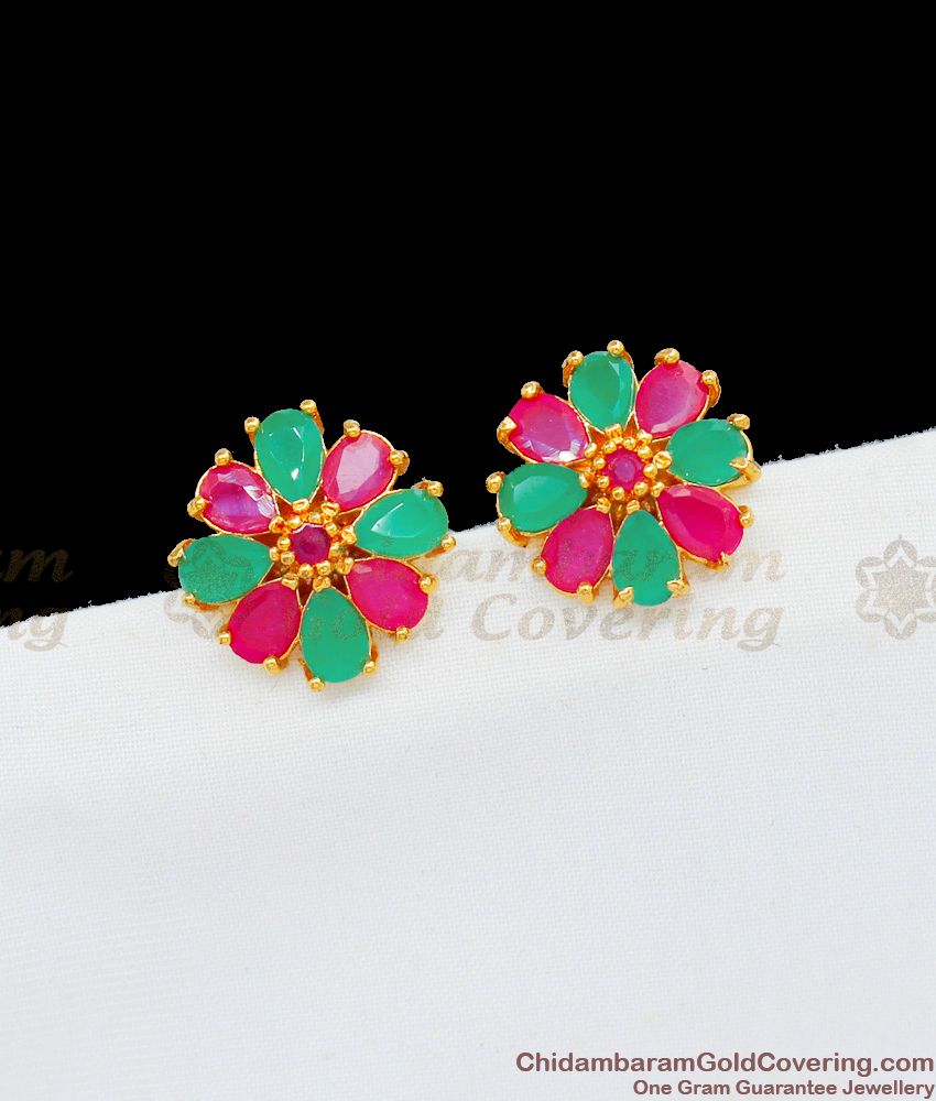 Amazing Flower Model Small Ruby Emerald Stone Studs For Ladies Daily Use ER1774