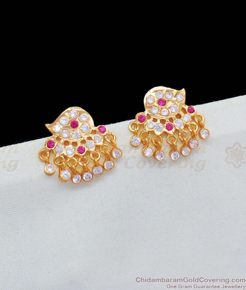 Attractive Gold Impon Lakshmi Design Pink And White Stone Stud Daily Wear ER1798