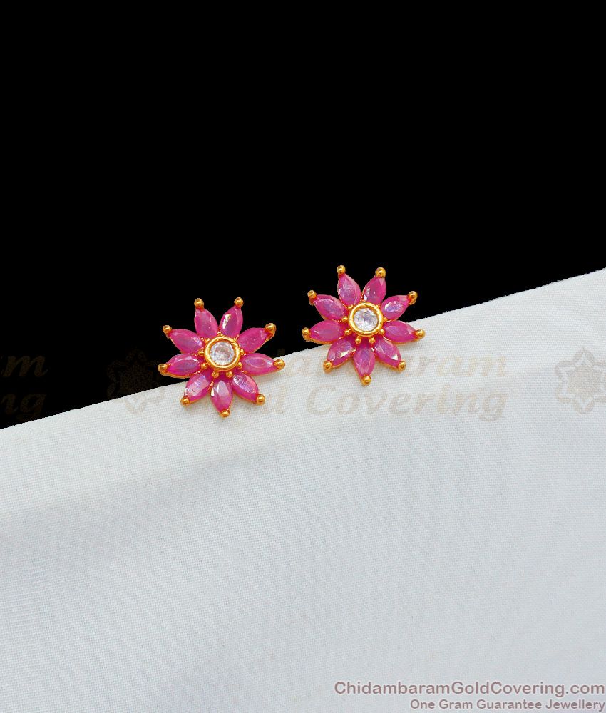 CZ Ruby Stone Gold Tone Flower Studs For Party Wear New Collections ER1812