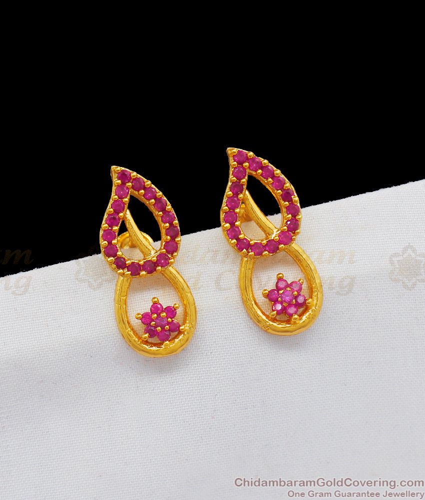 Beautiful Double Mango Design  Ruby Stone One Gram Gold Studs  For Girls ER1895