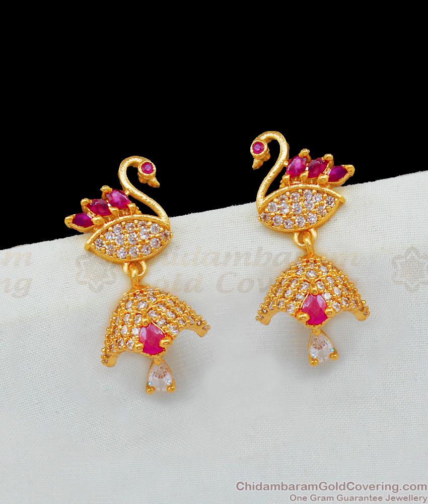 Full AD Stone Ruby White Swan Jhumki Collections Buy Online ER1909 Full AD Stone Ruby White Swan Jhumki Collections Buy Online ER1909