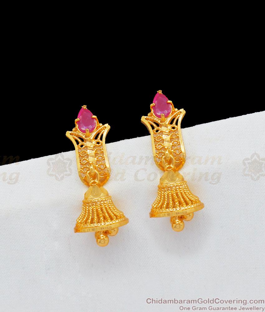 Single Ruby Stone Jhumka Real Gold Pattern For College Girls ER1912