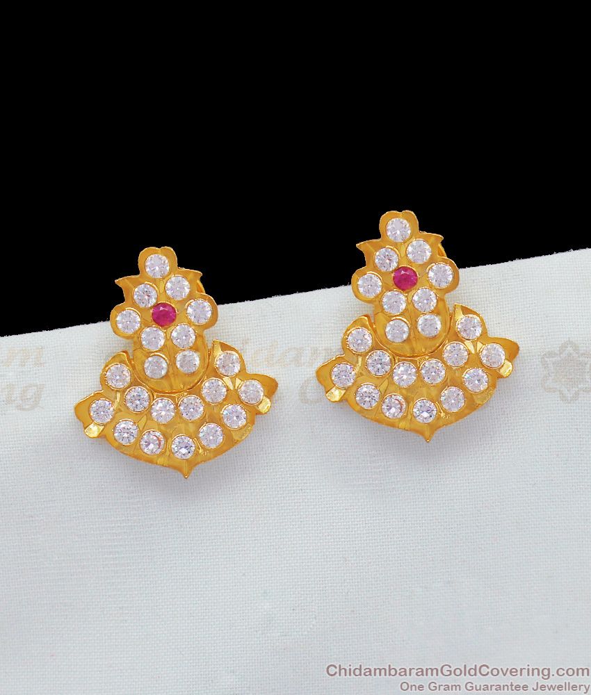 Beautiful Original Impon Stud Earrings Ruby White Stone Jewelry Daily Use ER1927