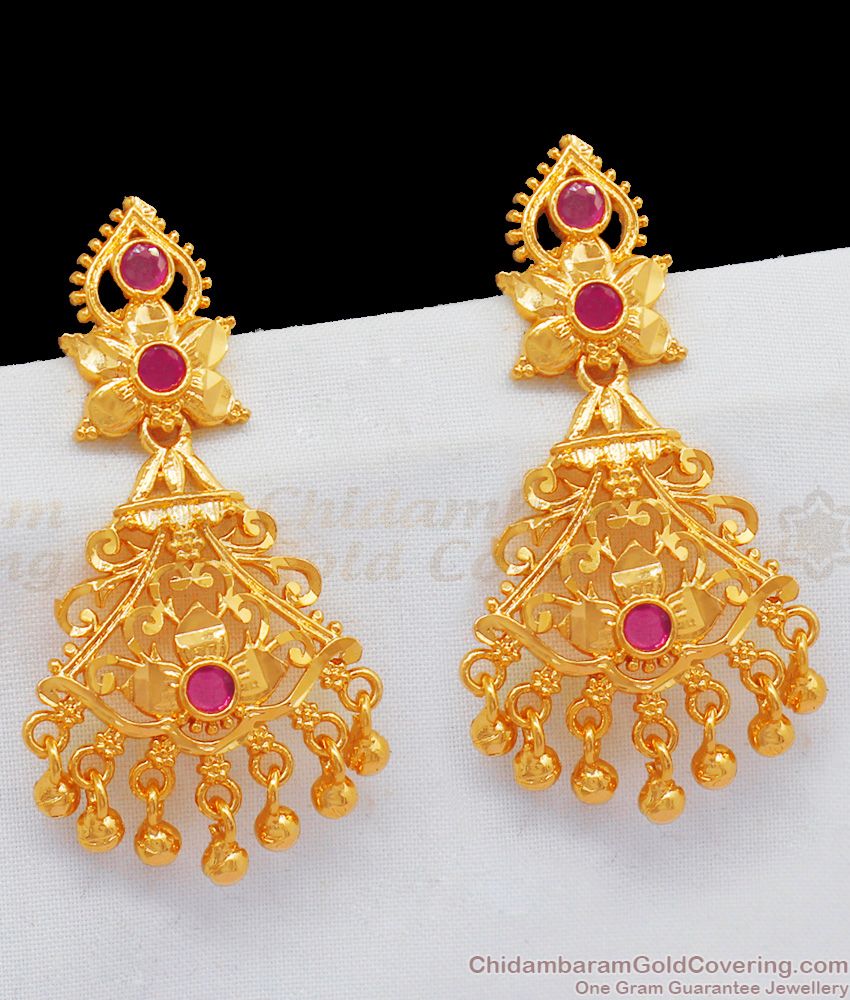 Long Dangler High Look Gold Earrings With Ruby Stones ER1949