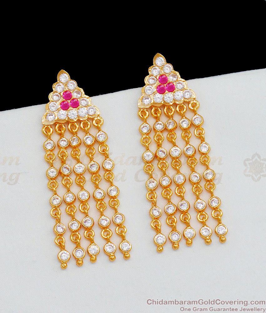 Fancy Rain Dropping Design Gold Impon Model With AD Ruby Stone Danglers ER1959