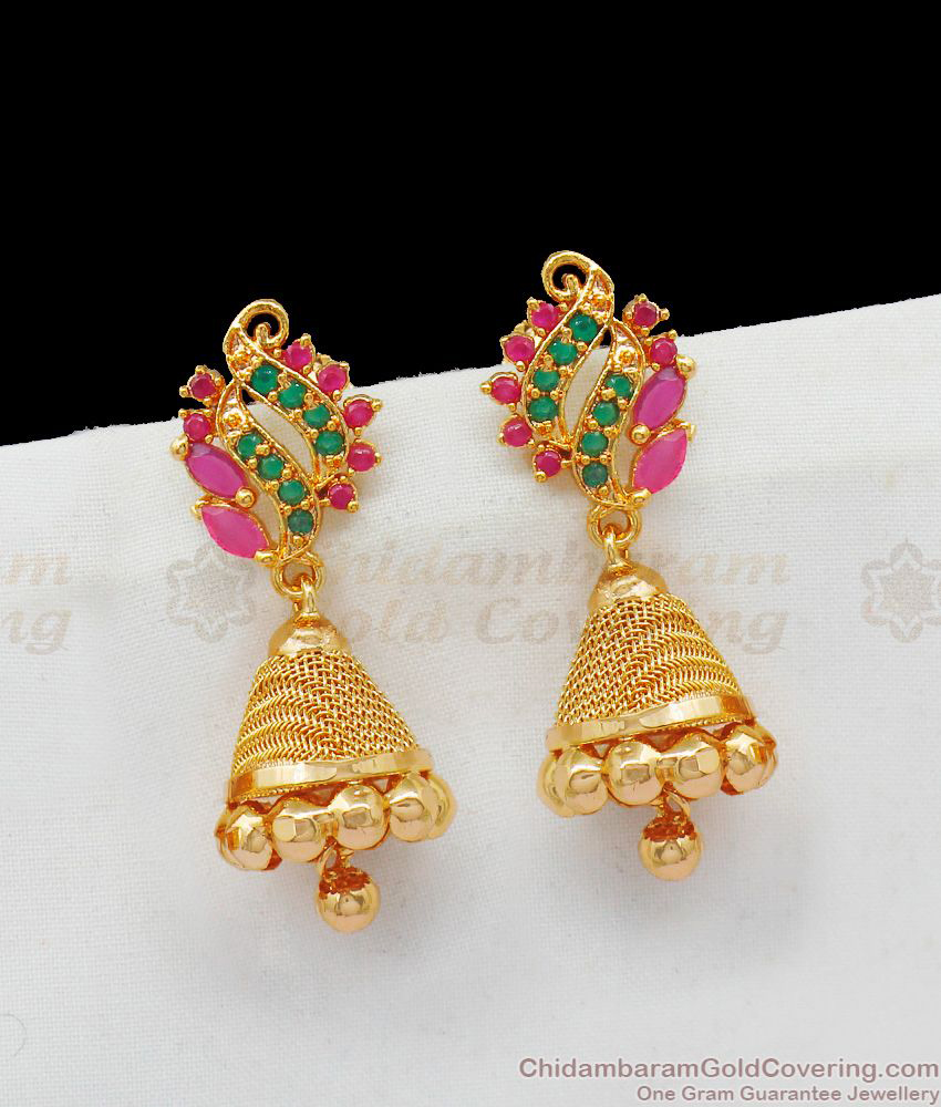 Trendy One Gram Gold Jhumkas Full Ruby Emerald Stone Earrings ER2058