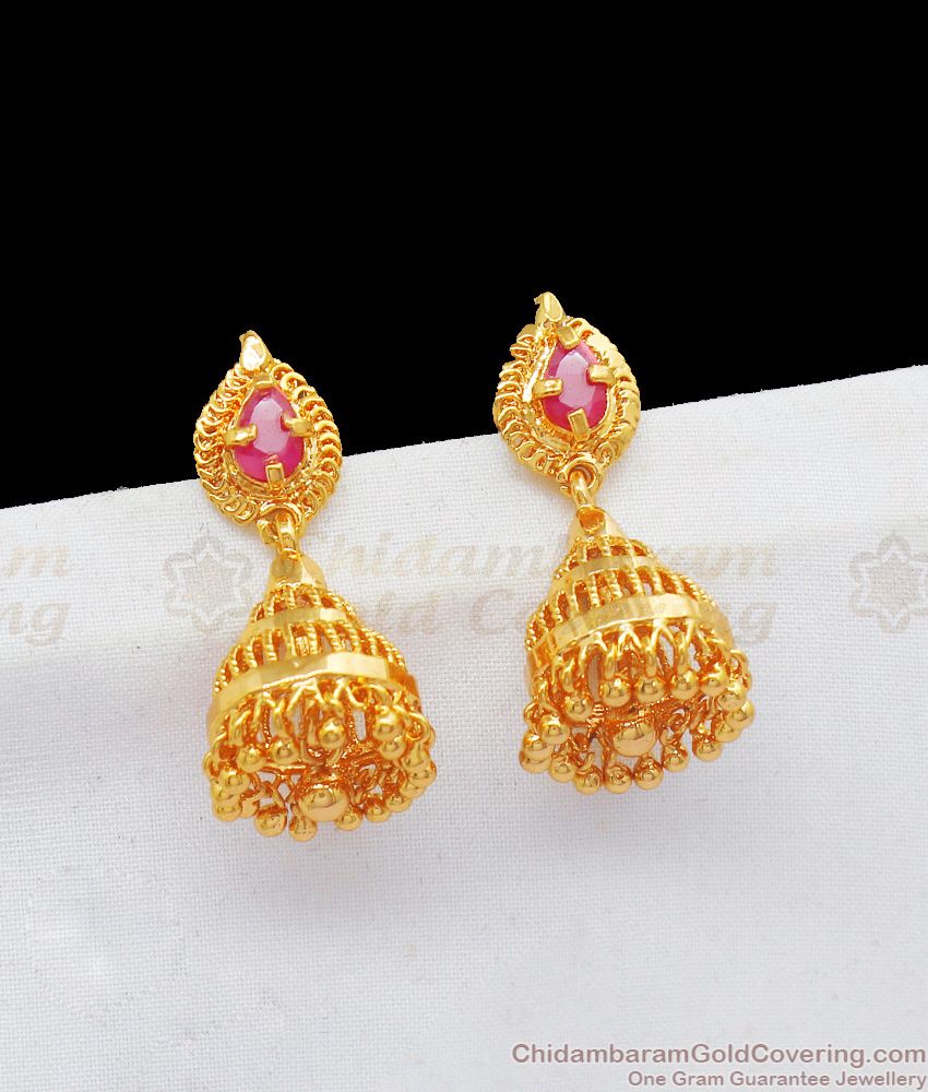 Traditional Single Ruby Stone Gold Jhumka Design Real Gold Pattern ER2068