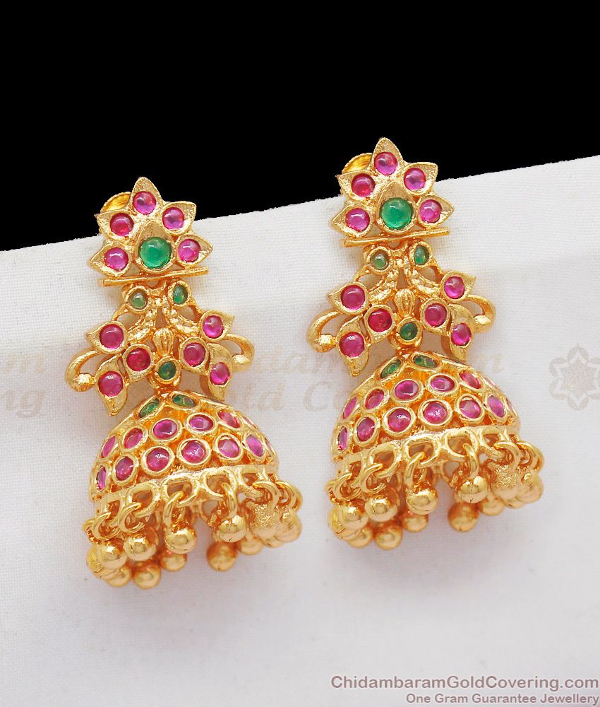 Multi Colour Kemp Peacock Design Gold Jhumka One Gram Gold Earrings For Ladies ER2074