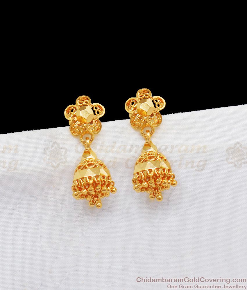 Small Gold Jhumkas Design For Regular Use From Chidambaram Gold Covering ER2099