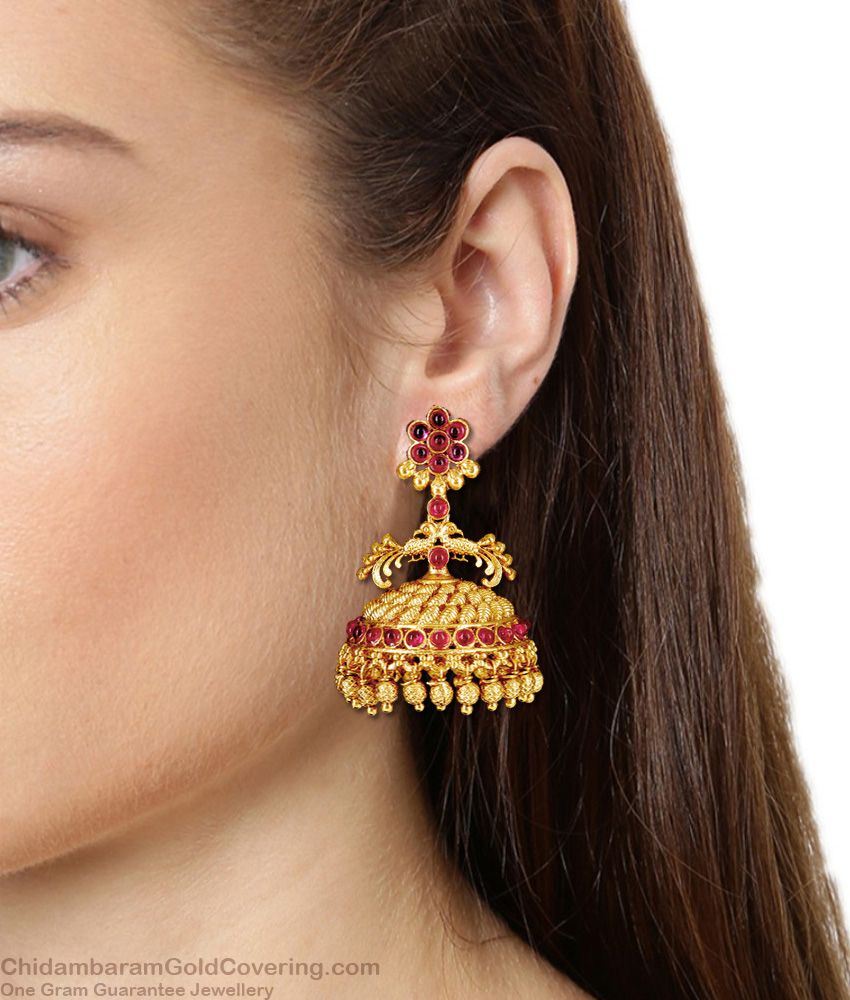Premium Quality Peacock Temple Jhumkas With Kemp Stone Antique Earrings Collection Online ER2114