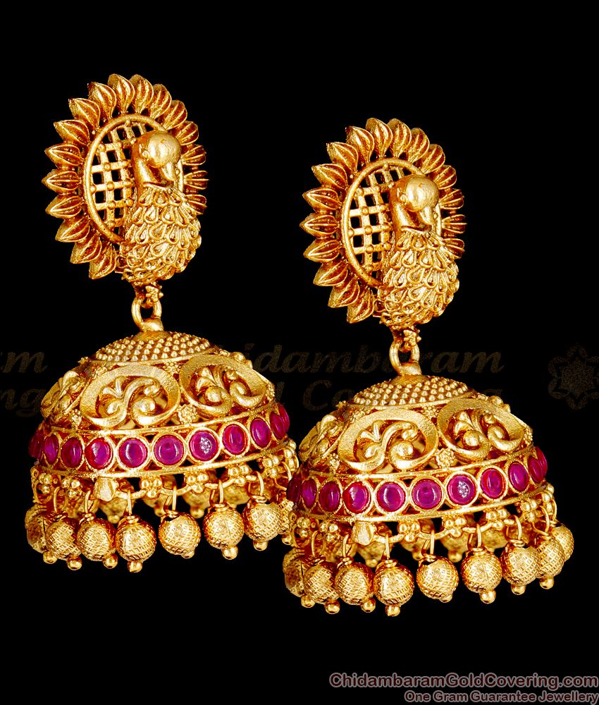 First Quality 3D Peacock Temple Jhumkas With Kemp Stone Antique Earrings Collection Online ER2116