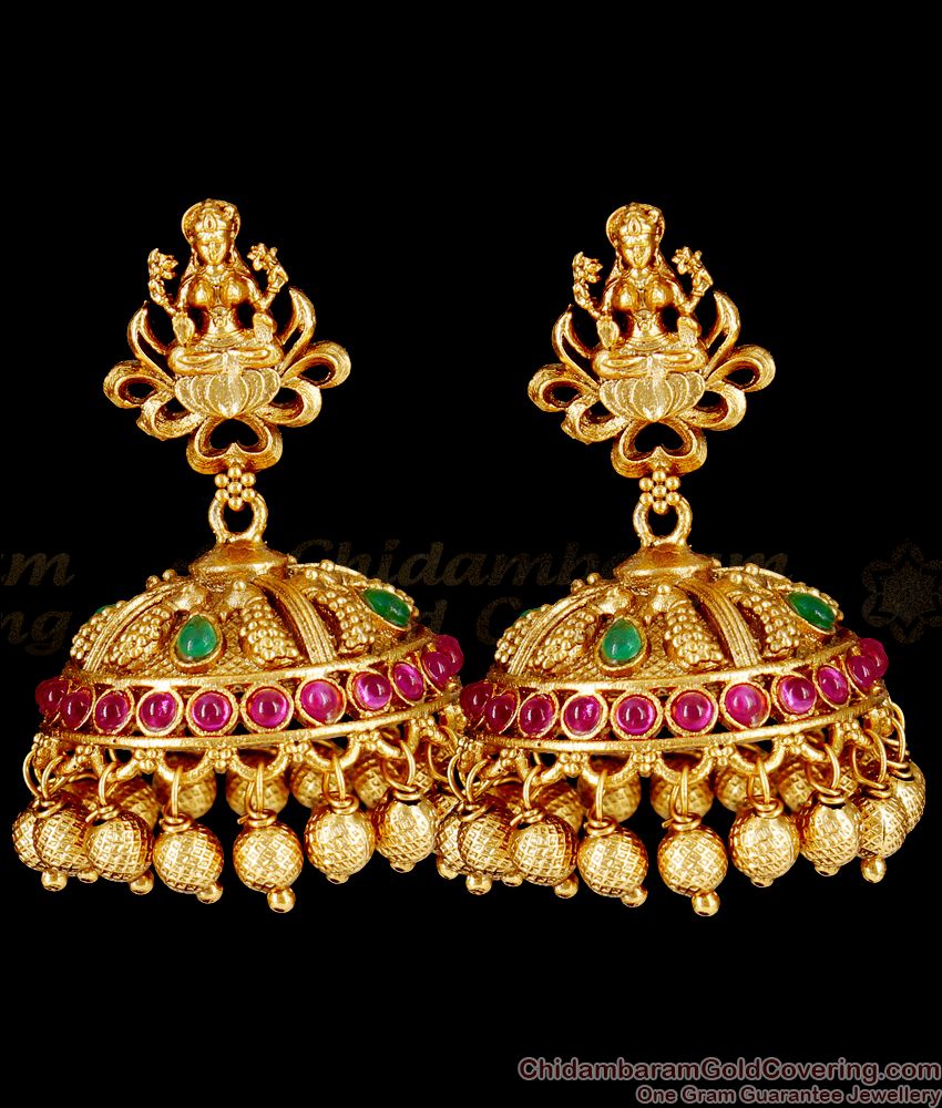 Antique Nagas Lakshmi Temple Jhumkas With Multi Colour Kemp Stone Earrings Collection ER2120