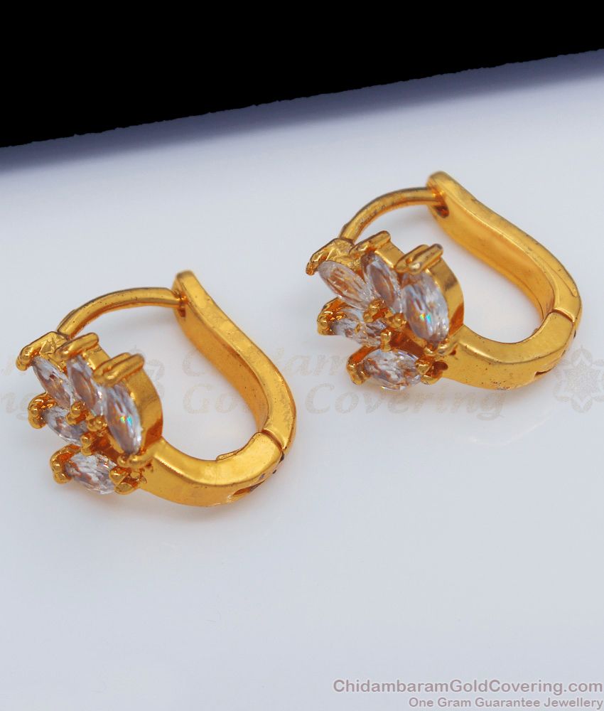Latest Leaf Pattern Design White Stone Hoop Type Gold Earrings ER2172