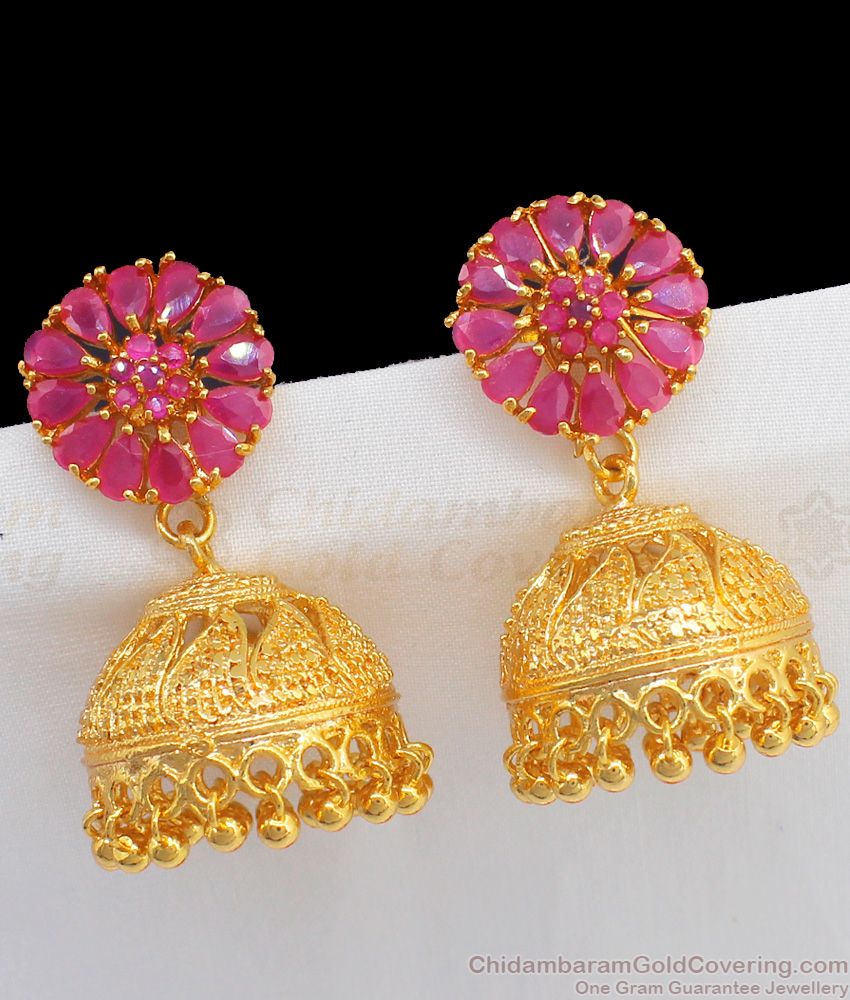 Stunning Full Ruby Gold Jimmiki Type Earrings For Bridal Wear ER2204