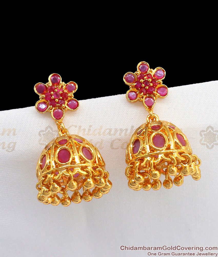 Stylish One Gram Gold Ruby Stone Gold Jimmiki Type Earrings ER2207