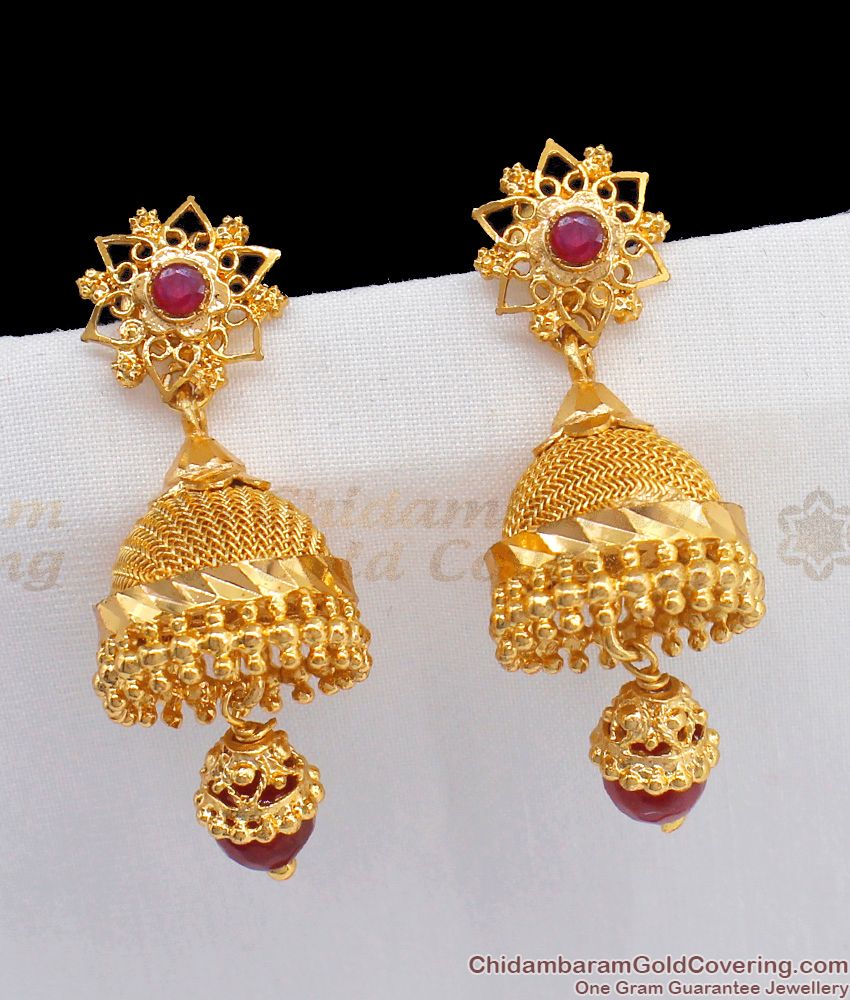 Admirable Ruby Stone Gold Jimmiki Type Earrings For Bridal Wear ER2209 Admirable Ruby Stone Gold Jimmiki Type Earrings For Bridal Wear ER2209