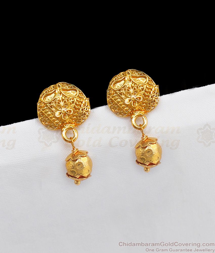 Gold Jhumka Earrings With Beads And Leave Motif