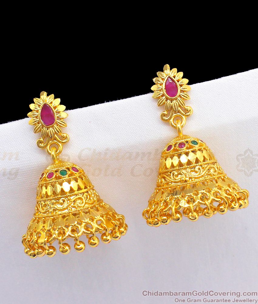 Unique Ruby Emerald Stone Jimki Kammal Forming Gold Earrings  Bridal Wear ER2261