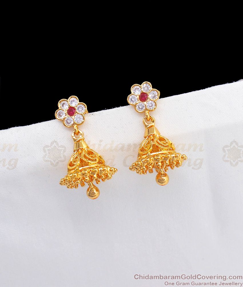 Stunning Ruby White Stone Gold Jhumkas For Party Wear ER2294