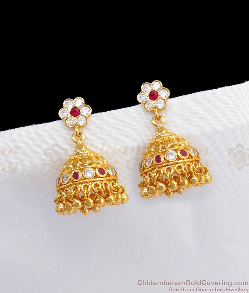 Attractive Gold Jhumkas Design Ruby White Stone Earrings For Bridal Wear ER2295